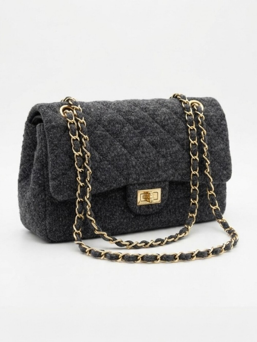Hello 3 AM Black Heathered Denim Quilted Classic Flap Chain Shoulder Bag